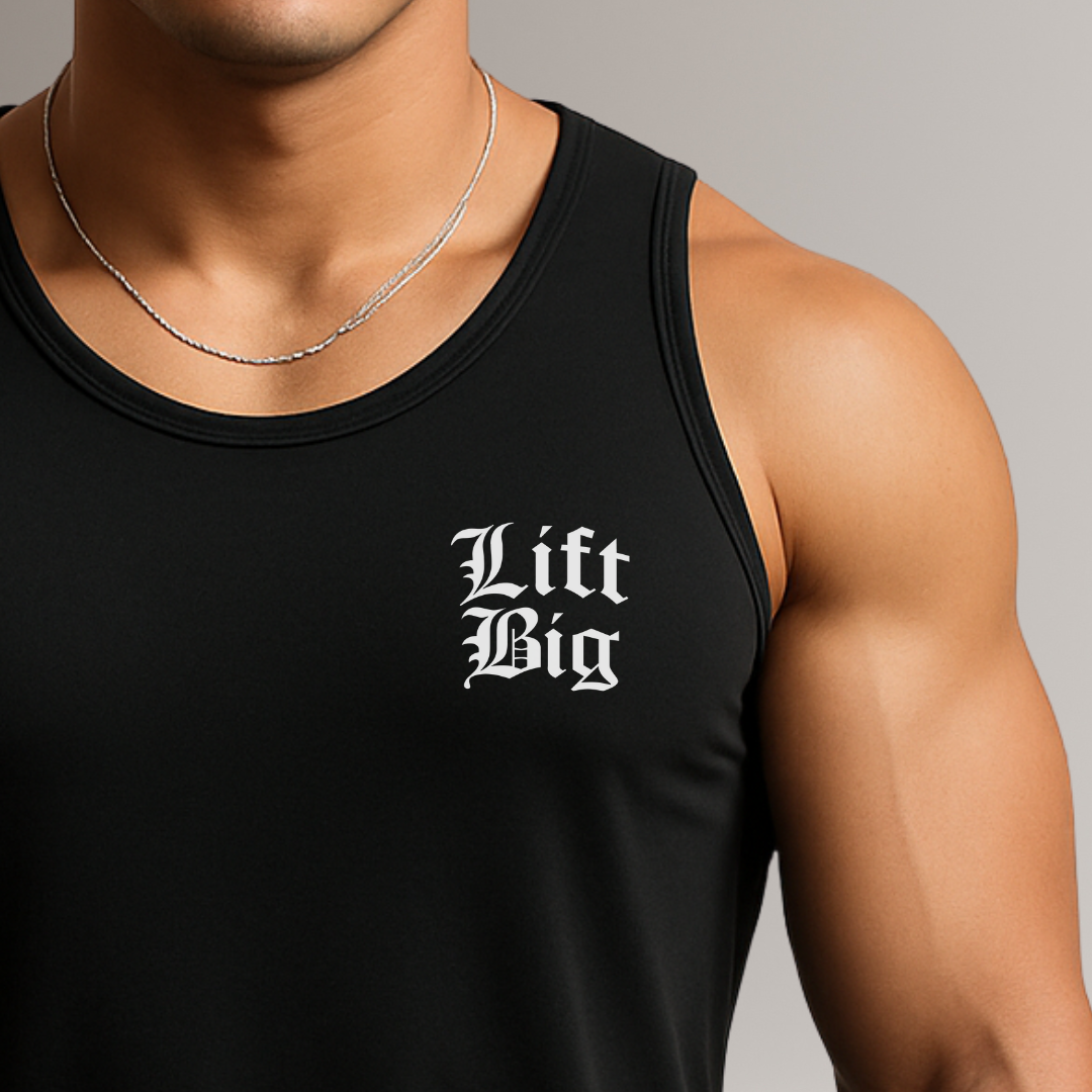 Black tank top with 'Lift Big' text worn by a person on a gray background