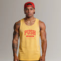 Man wearing a yellow tank top with 'PUSH Aktive Fitness Club' text and a red cap on a gray background