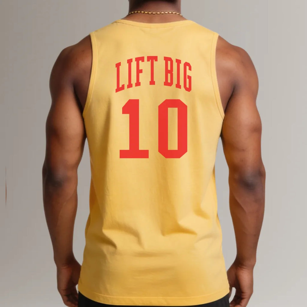 Yellow tank top with 'LIFT BIG 10' text on the back, worn by a person.