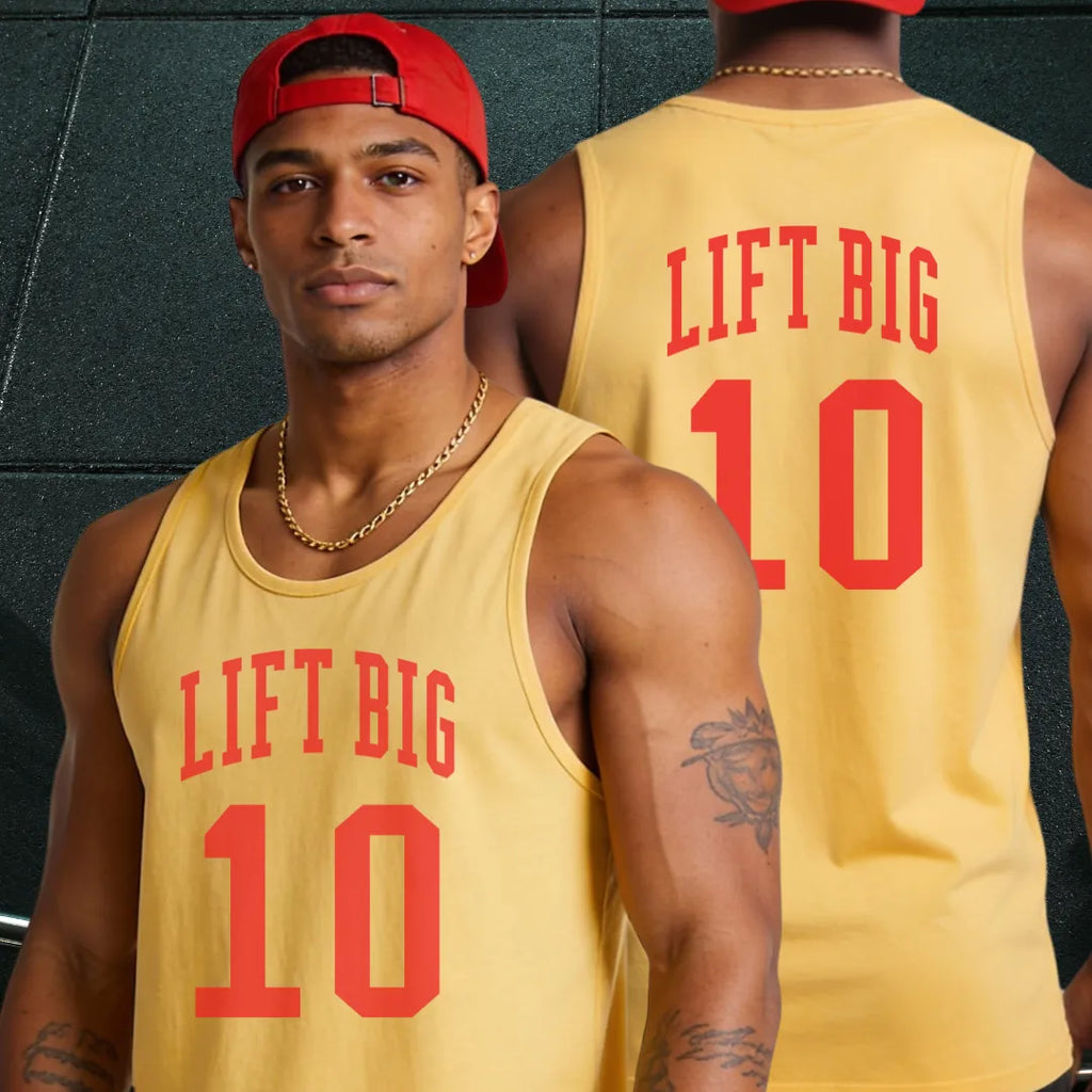 Two men wearing yellow tank tops with 'LIFT BIG 10' text, one facing forward and the other back.
