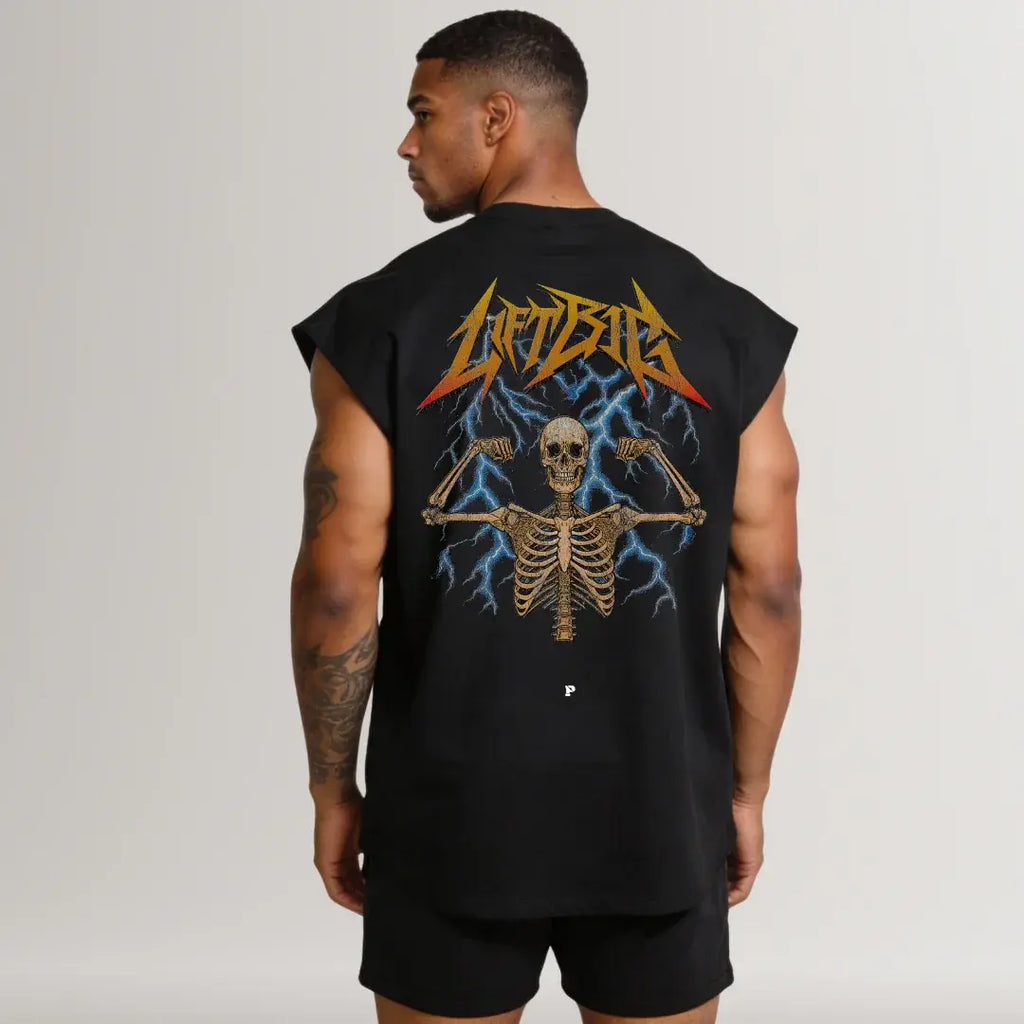 Man wearing a black sleeveless shirt with a graphic design on the back, standing against a plain background.