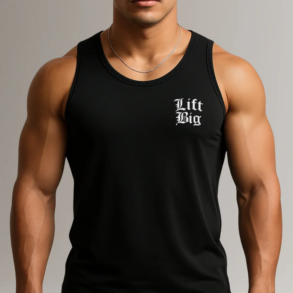 Men's black sleeveless workout tank with 'Lift Big' text, fitness apparel