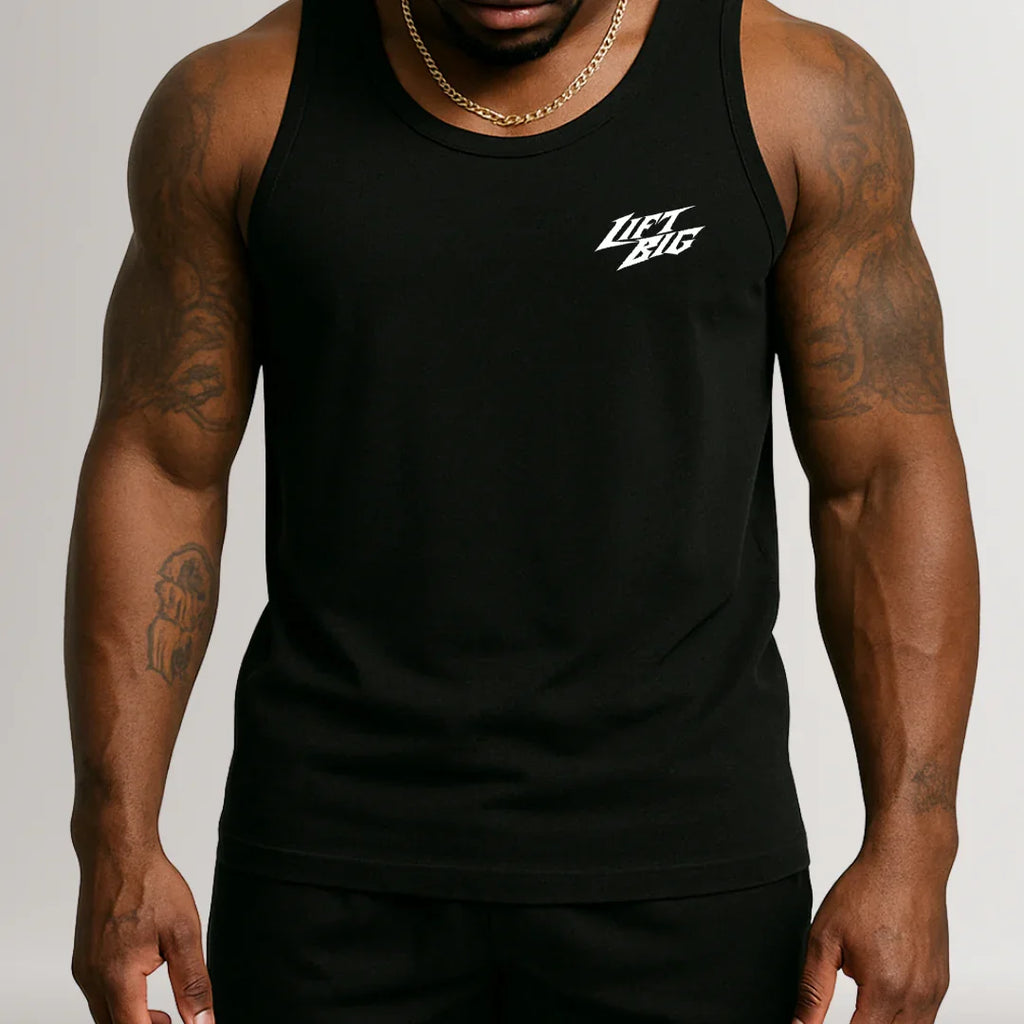 Men's black sleeveless tank top with 'Lift Big' graphic, fitness gym apparel