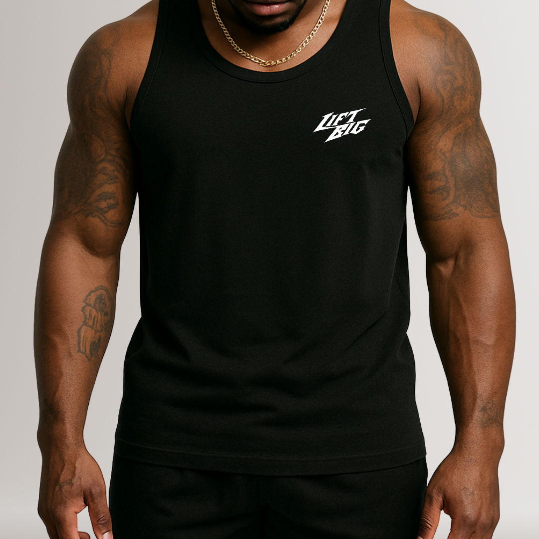Person wearing a black tank top with a logo on a plain background