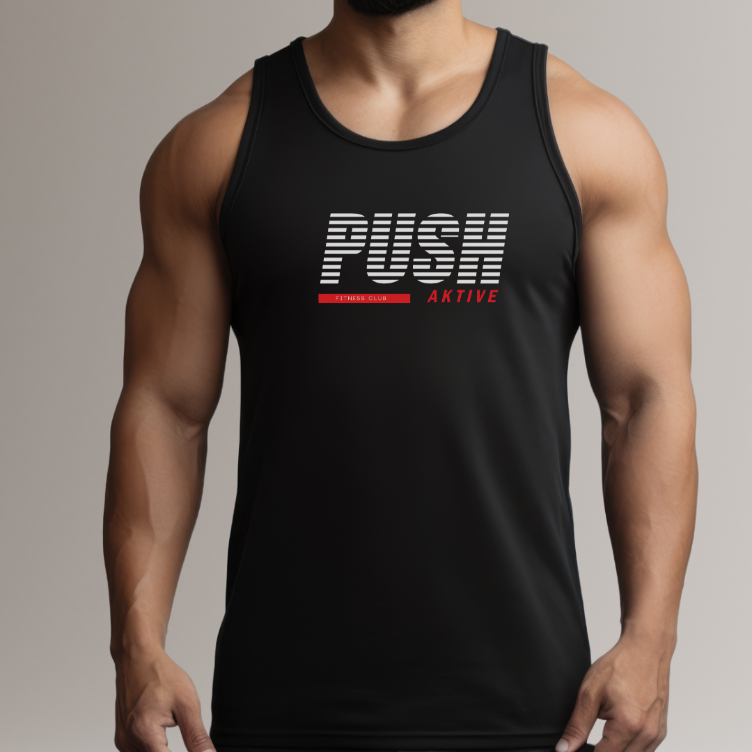 Black tank top with 'PUSH AKTIVE' text on a neutral background