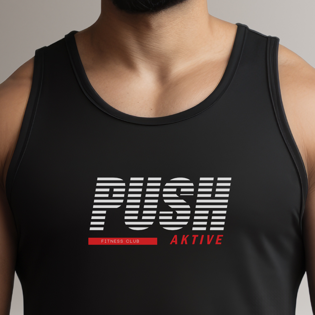 Black tank top with 'PUSH AKTIVE' text on a neutral background