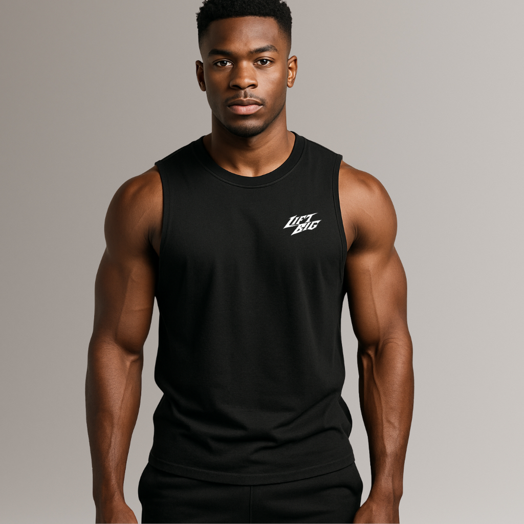 Man wearing a black sleeveless shirt with a logo on a gray background