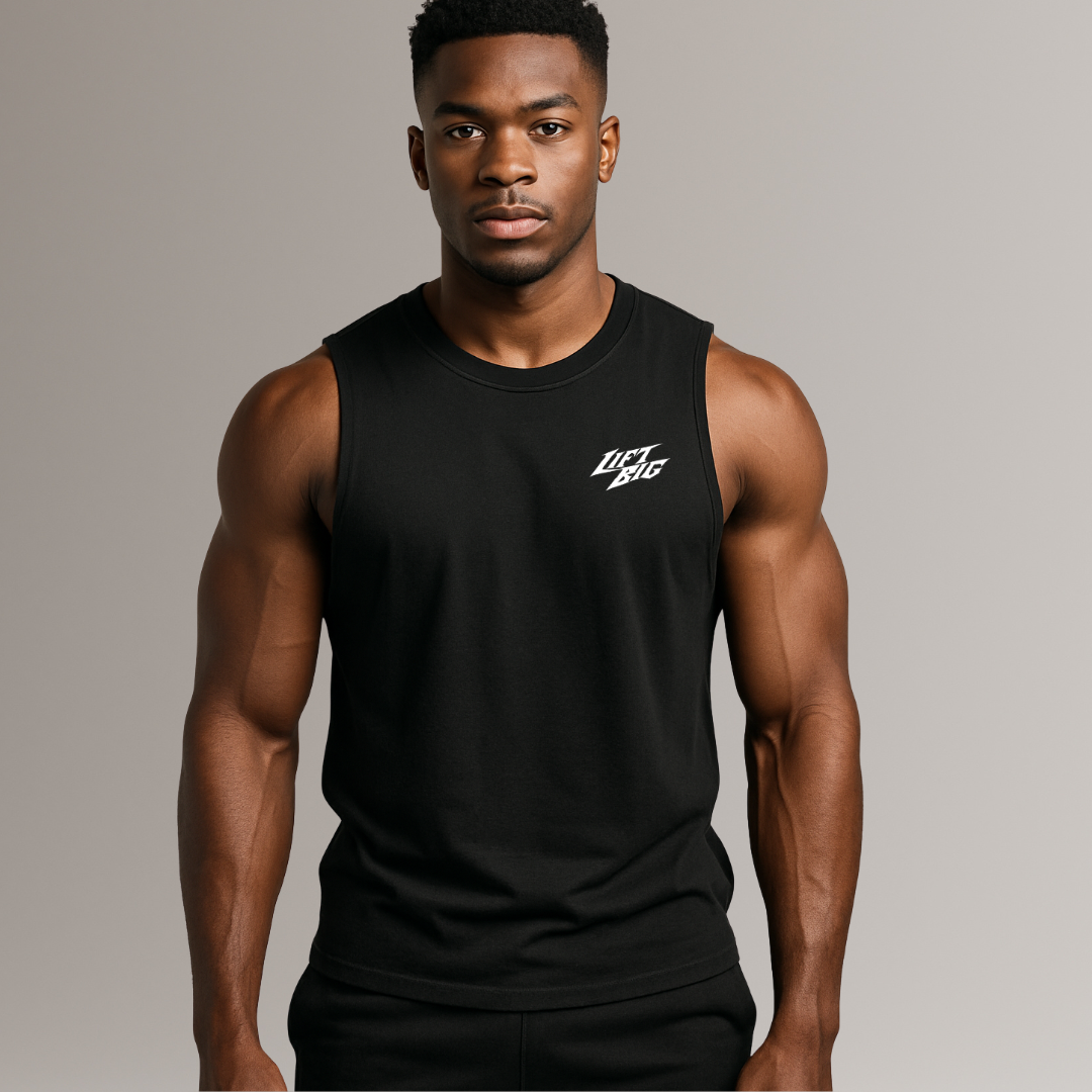 Man wearing a black sleeveless shirt with a logo on a gray background