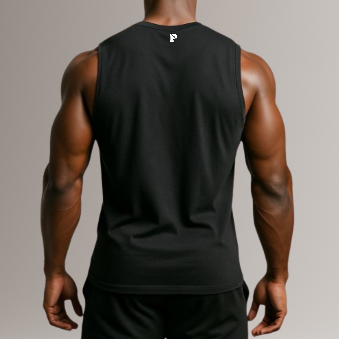 Person wearing a black sleeveless shirt with a brand logo on the back against a neutral background