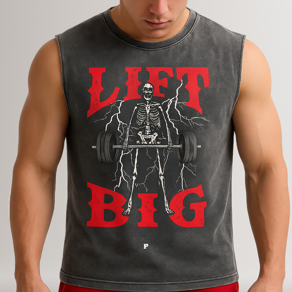 Person wearing a sleeveless shirt with a skeleton lifting weights graphic and 'LIFT BIG' text.