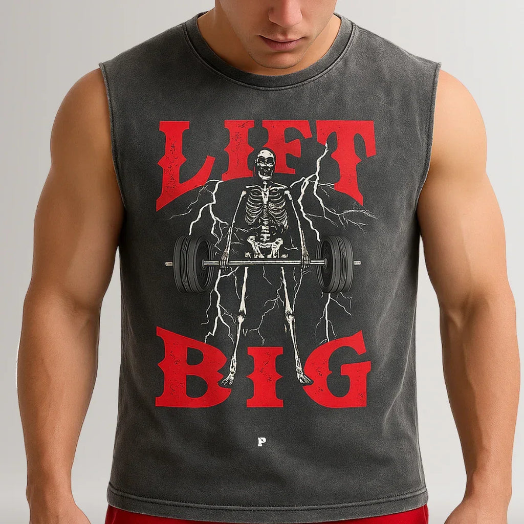 Person wearing a sleeveless shirt with a skeleton lifting weights graphic and 'LIFT BIG' text.
