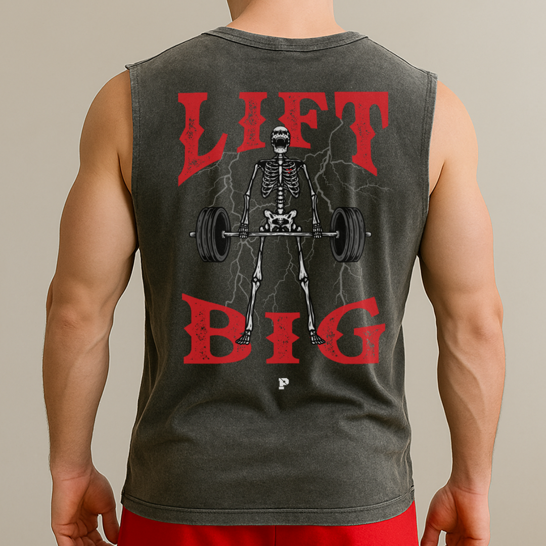 Person wearing a sleeveless shirt with a skeleton lifting weights graphic and 'Lift Big' text.