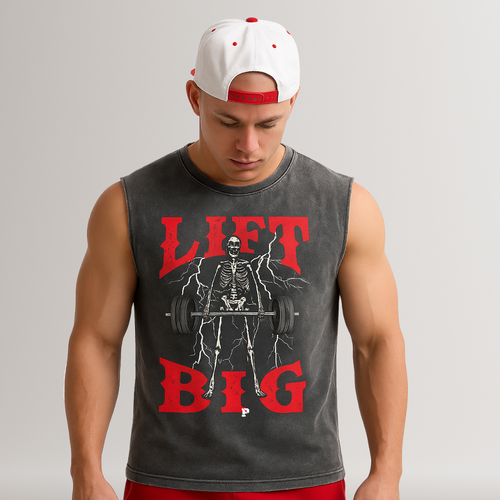 Man wearing a sleeveless shirt with a skeleton lifting weights graphic and 'LIFT BIG' text.