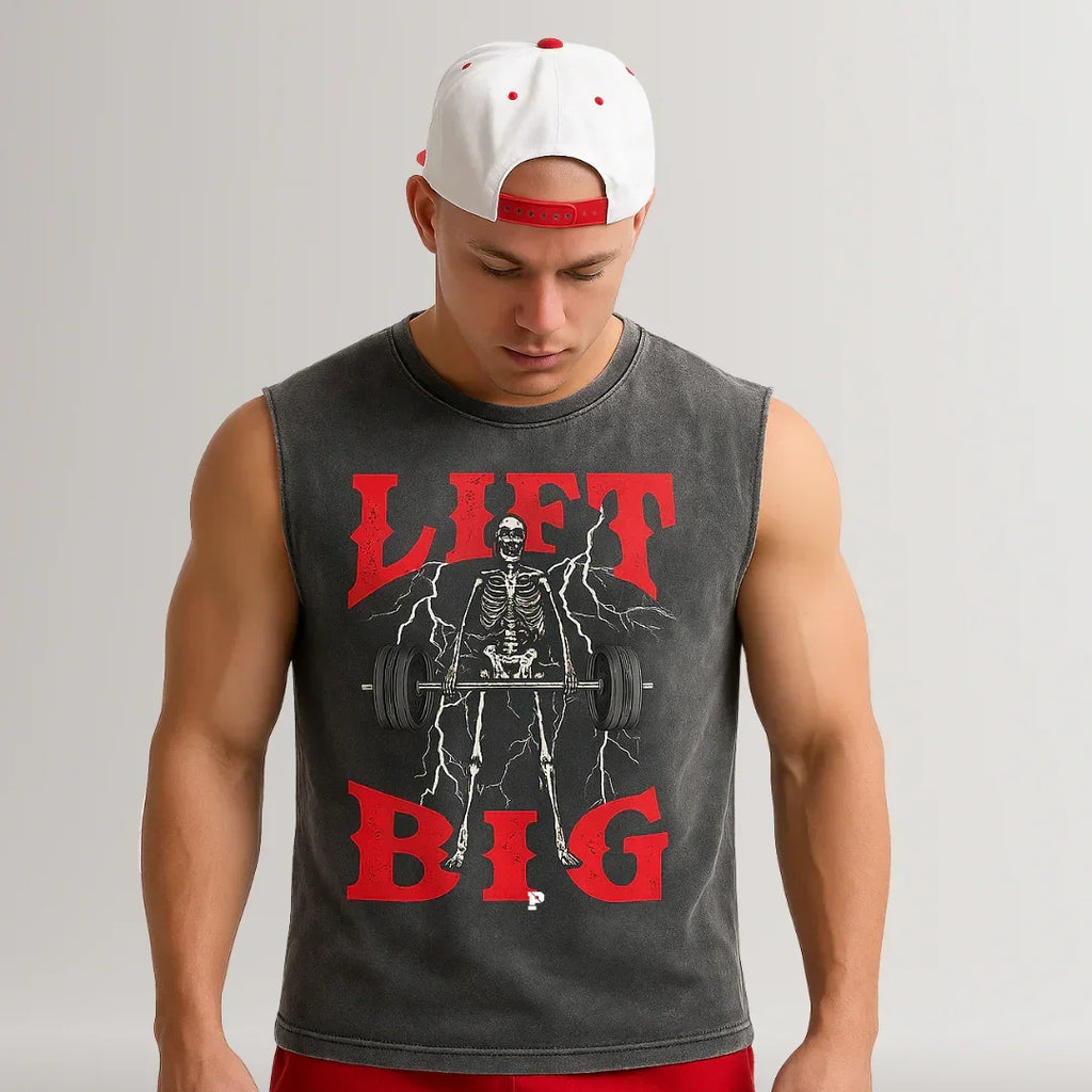 Man wearing a sleeveless shirt with a skeleton lifting weights graphic and 'LIFT BIG' text.