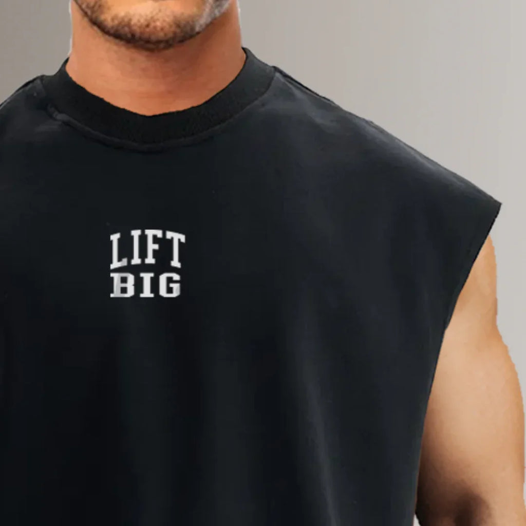 Black sleeveless gym shirt with LIFT BIG text, men's fitness apparel
