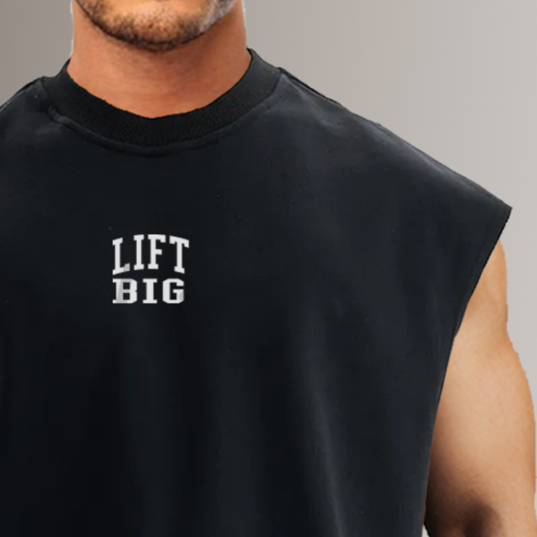 Black sleeveless shirt with 'LIFT BIG' text on a gray background