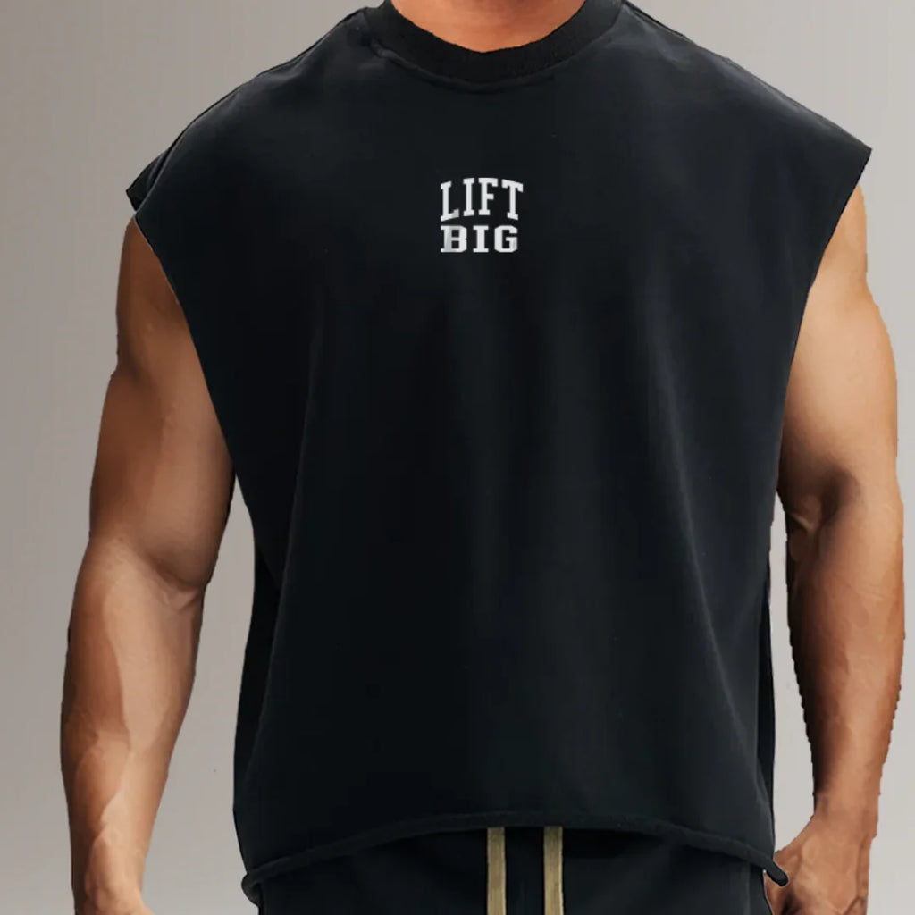Black sleeveless muscle tee with 'LIFT BIG' text, fitness apparel for men