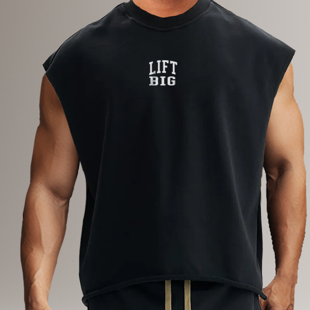 Black sleeveless shirt with 'LIFT BIG' text on a gray background