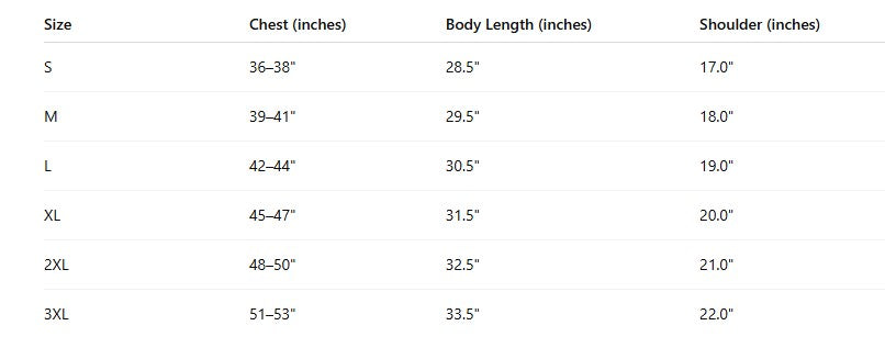 T-Shirts Size Chart